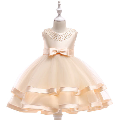 A-Line Tea Length Flower Girl Dress with Beaded Satin, Tulle, and Cascading Ruffles
