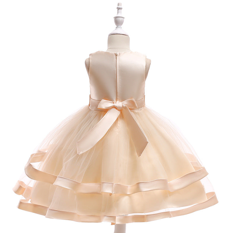 A-Line Tea Length Flower Girl Dress with Beaded Satin, Tulle, and Cascading Ruffles