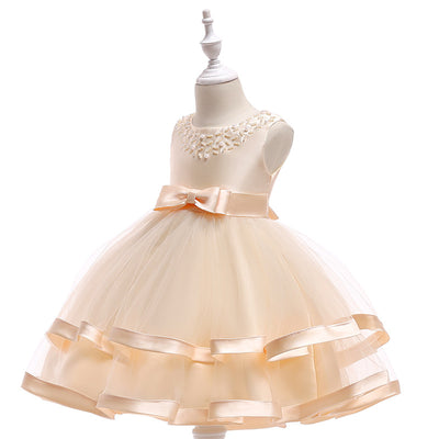 A-Line Tea Length Flower Girl Dress with Beaded Satin, Tulle, and Cascading Ruffles