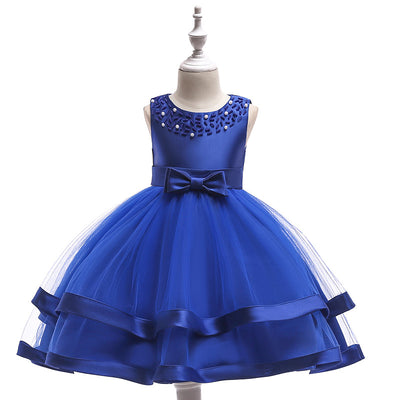 A-Line Tea Length Flower Girl Dress with Beaded Satin, Tulle, and Cascading Ruffles