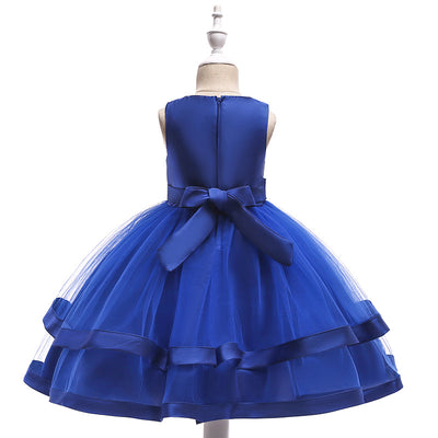A-Line Tea Length Flower Girl Dress with Beaded Satin, Tulle, and Cascading Ruffles
