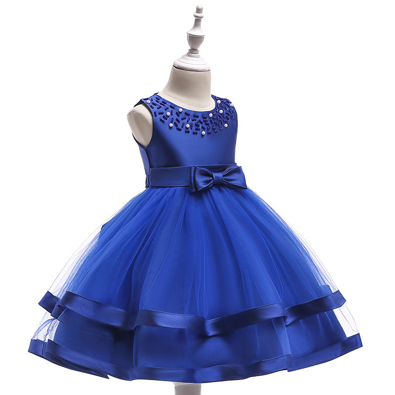 A-Line Tea Length Flower Girl Dress with Beaded Satin, Tulle, and Cascading Ruffles