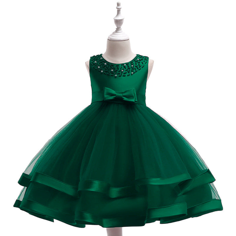 A-Line Tea Length Flower Girl Dress with Beaded Satin, Tulle, and Cascading Ruffles