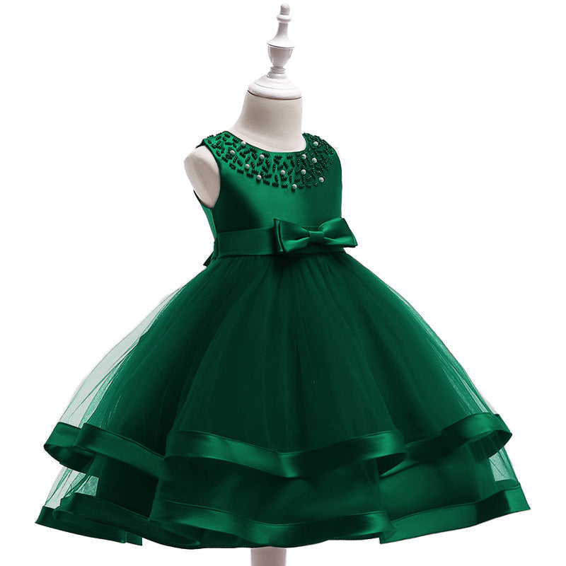 A-Line Tea Length Flower Girl Dress with Beaded Satin, Tulle, and Cascading Ruffles