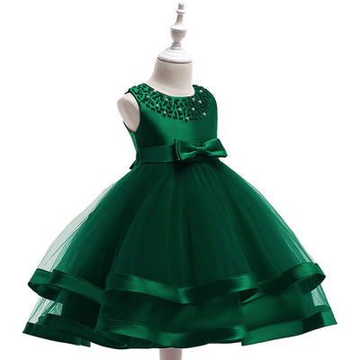 A-Line Tea Length Flower Girl Dress with Beaded Satin, Tulle, and Cascading Ruffles