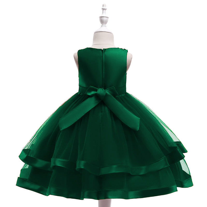 A-Line Tea Length Flower Girl Dress with Beaded Satin, Tulle, and Cascading Ruffles