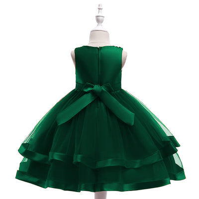 A-Line Tea Length Flower Girl Dress with Beaded Satin, Tulle, and Cascading Ruffles