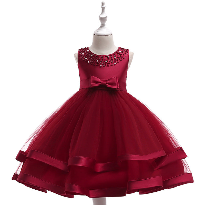 A-Line Tea Length Flower Girl Dress with Beaded Satin, Tulle, and Cascading Ruffles