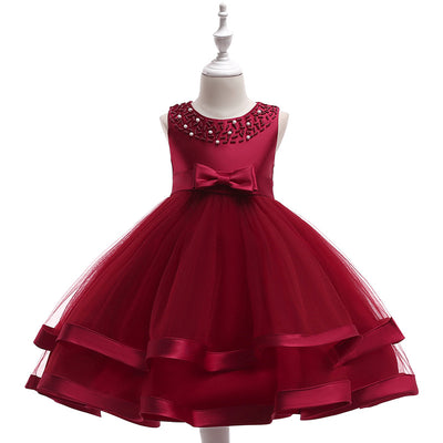 A-Line Tea Length Flower Girl Dress with Beaded Satin, Tulle, and Cascading Ruffles