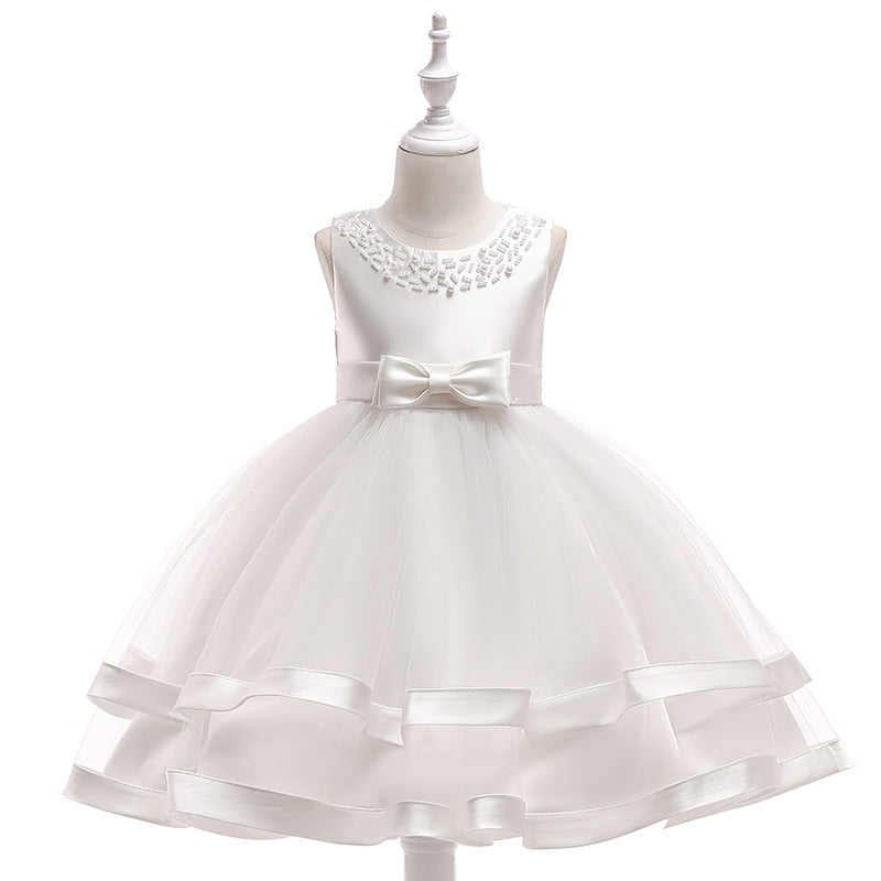A-Line Tea Length Flower Girl Dress with Beaded Satin, Tulle, and Cascading Ruffles