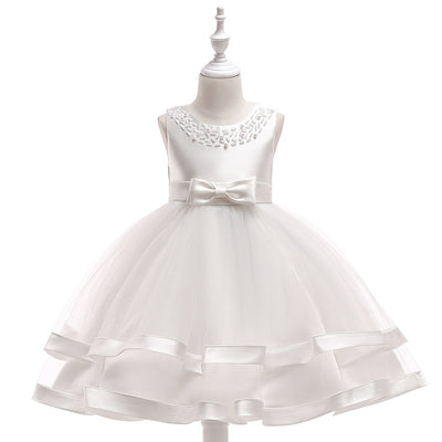 A-Line Tea Length Flower Girl Dress with Beaded Satin, Tulle, and Cascading Ruffles