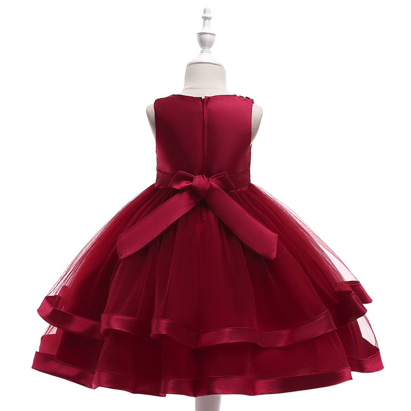 A-Line Tea Length Flower Girl Dress with Beaded Satin, Tulle, and Cascading Ruffles