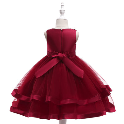 A-Line Tea Length Flower Girl Dress with Beaded Satin, Tulle, and Cascading Ruffles