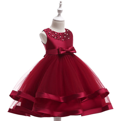 A-Line Tea Length Flower Girl Dress with Beaded Satin, Tulle, and Cascading Ruffles