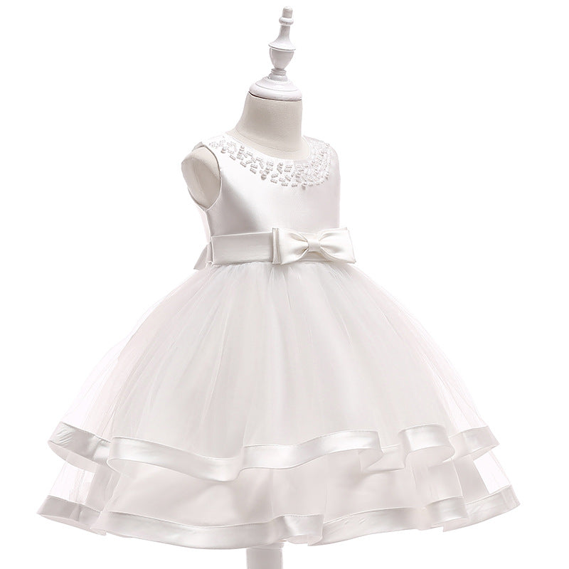 A-Line Tea Length Flower Girl Dress with Beaded Satin, Tulle, and Cascading Ruffles