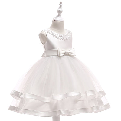 A-Line Tea Length Flower Girl Dress with Beaded Satin, Tulle, and Cascading Ruffles