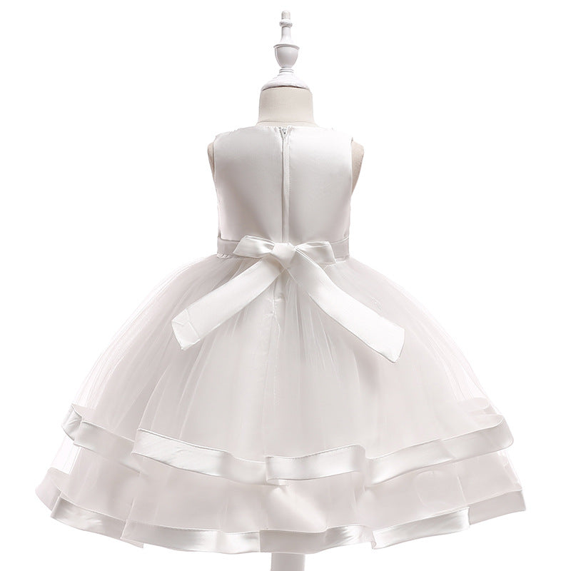 A-Line Tea Length Flower Girl Dress with Beaded Satin, Tulle, and Cascading Ruffles