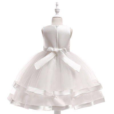 A-Line Tea Length Flower Girl Dress with Beaded Satin, Tulle, and Cascading Ruffles