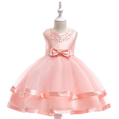 A-Line Tea Length Flower Girl Dress with Beaded Satin, Tulle, and Cascading Ruffles