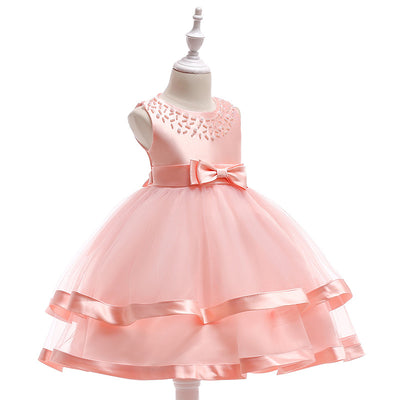A-Line Tea Length Flower Girl Dress with Beaded Satin, Tulle, and Cascading Ruffles