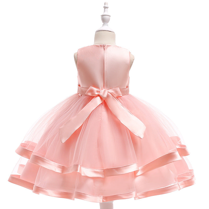 A-Line Tea Length Flower Girl Dress with Beaded Satin, Tulle, and Cascading Ruffles