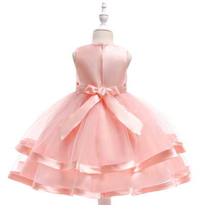 A-Line Tea Length Flower Girl Dress with Beaded Satin, Tulle, and Cascading Ruffles