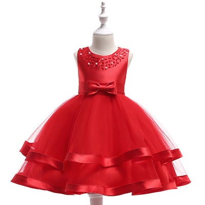 A-Line Tea Length Flower Girl Dress with Beaded Satin, Tulle, and Cascading Ruffles