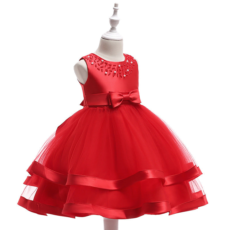 A-Line Tea Length Flower Girl Dress with Beaded Satin, Tulle, and Cascading Ruffles