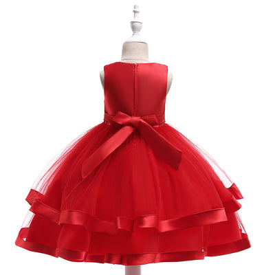 A-Line Tea Length Flower Girl Dress with Beaded Satin, Tulle, and Cascading Ruffles