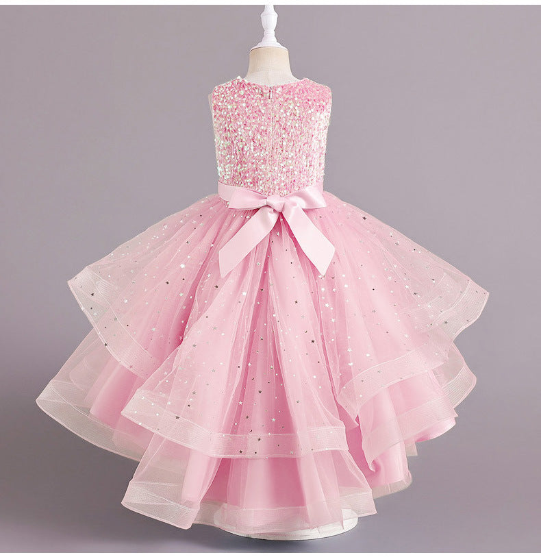 A-Line Sequined Ruffled Tea Length Flower Girl and Party Dress for Girls 3-13