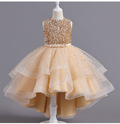 A-Line Sequined Ruffled Tea Length Flower Girl and Party Dress for Girls 3-13