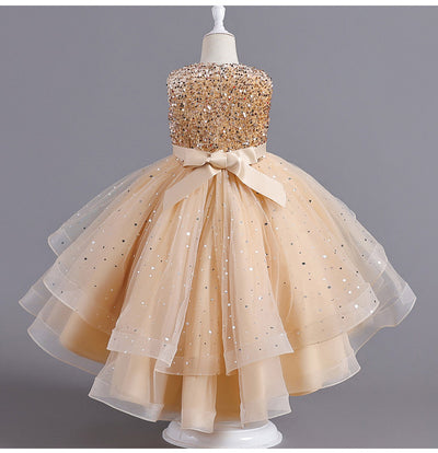 A-Line Sequined Ruffled Tea Length Flower Girl and Party Dress for Girls 3-13