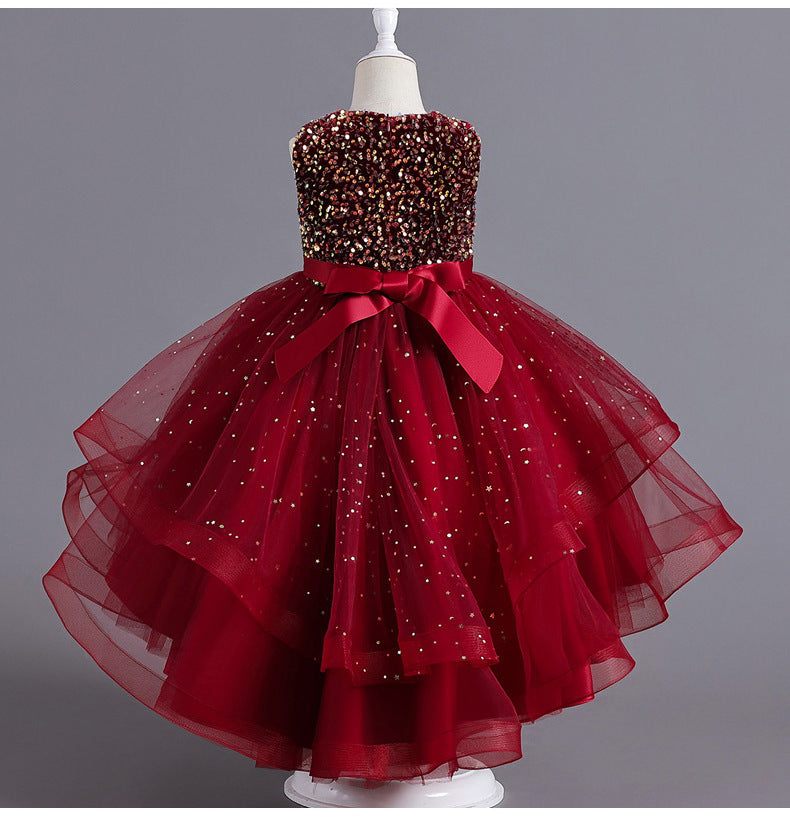 A-Line Sequined Ruffled Tea Length Flower Girl and Party Dress for Girls 3-13