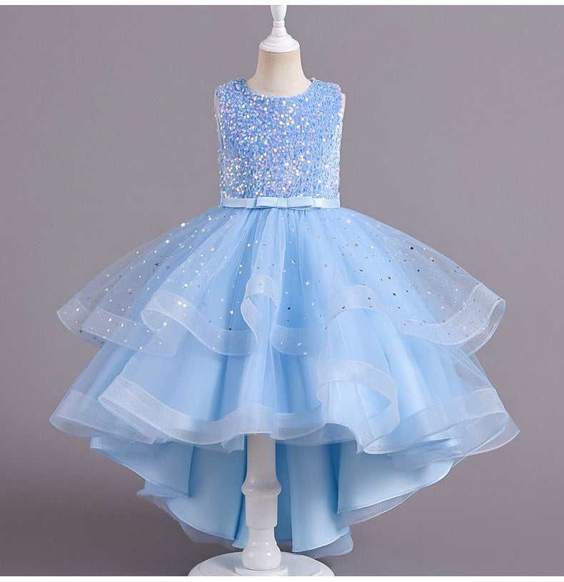 A-Line Sequined Ruffled Tea Length Flower Girl and Party Dress for Girls 3-13