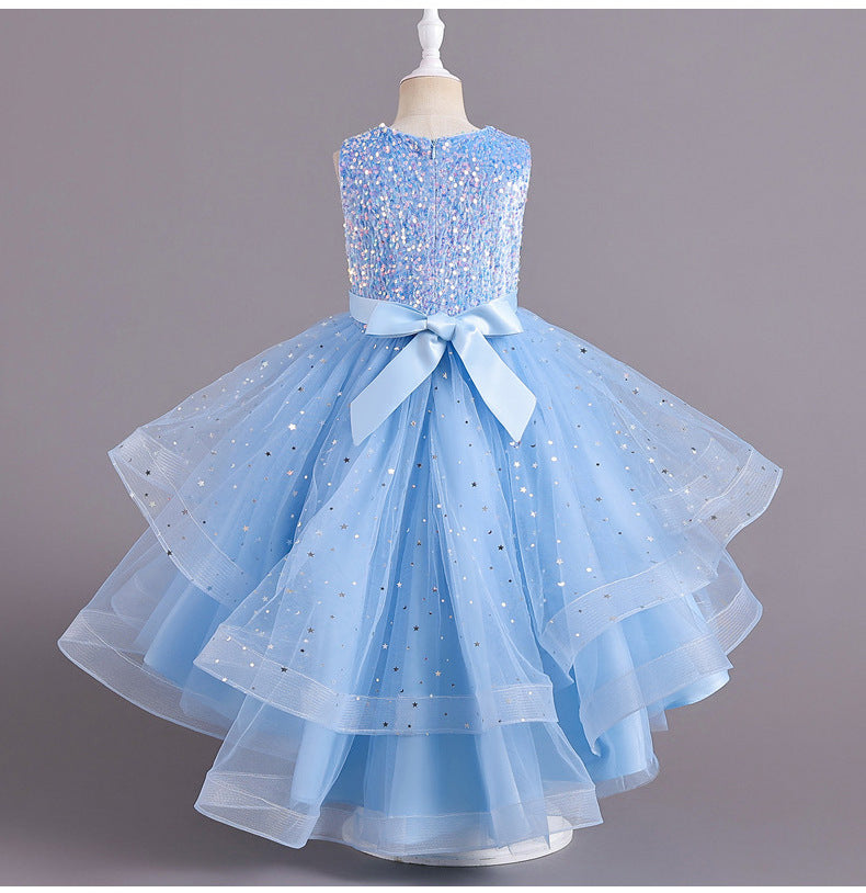 A-Line Sequined Ruffled Tea Length Flower Girl and Party Dress for Girls 3-13