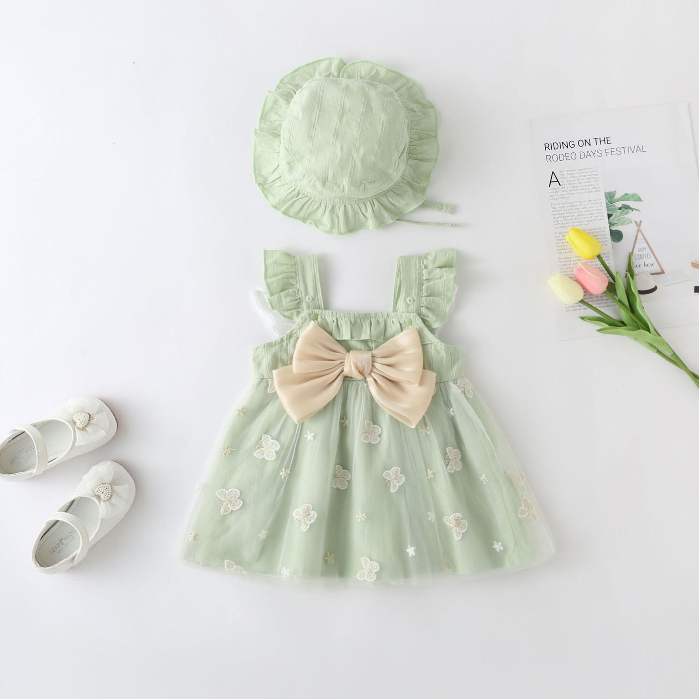 A-Line Embroidered Bow Tea Length Dress for Baby Girls | 2024 Spring Summer