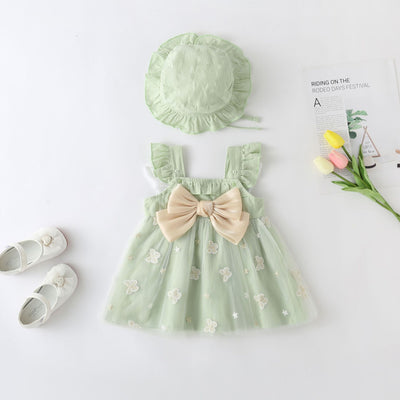 A-Line Embroidered Bow Tea Length Dress for Baby Girls | 2024 Spring Summer