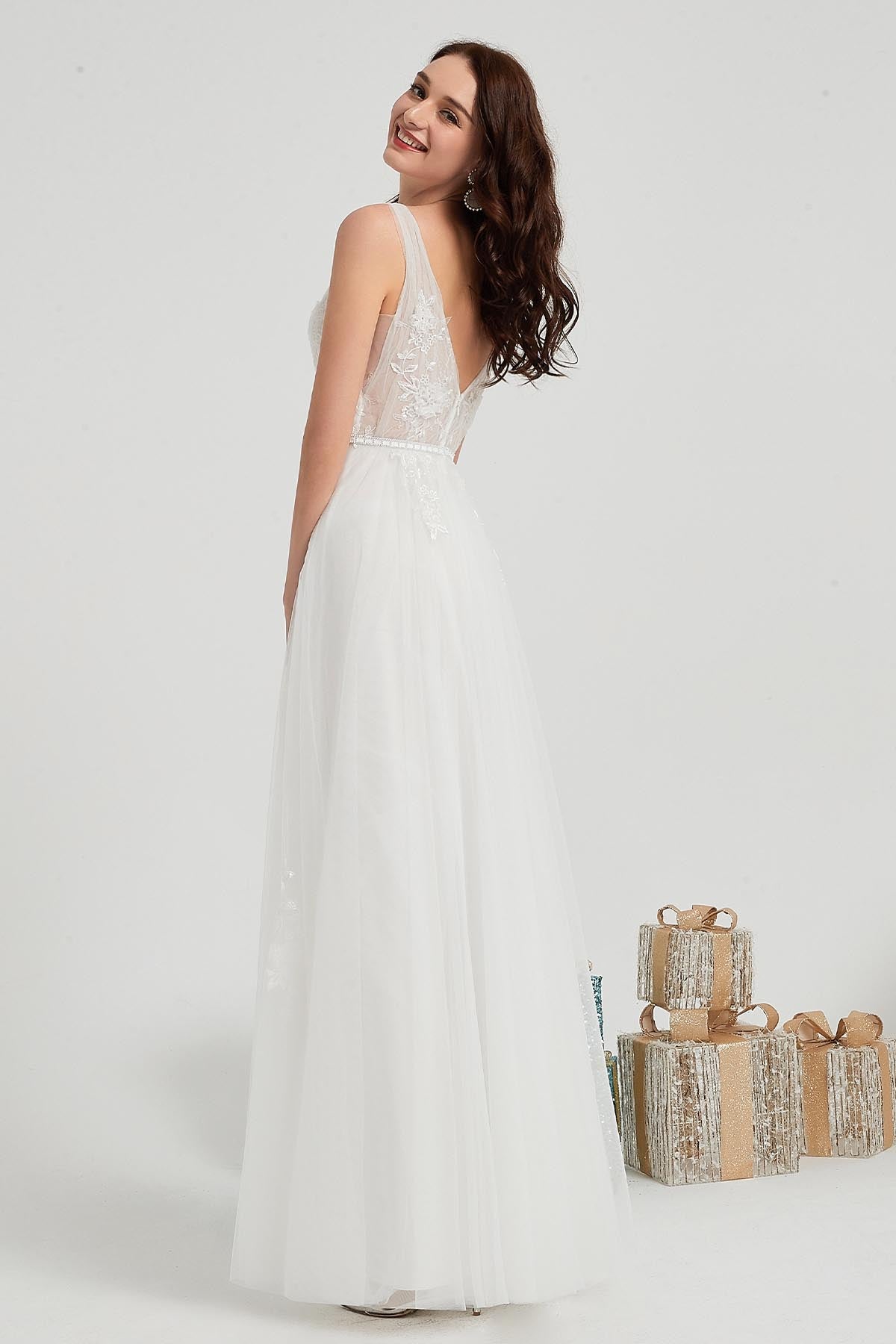 A-line V-neck Sleeveless Full Length Lace Wedding Dresses