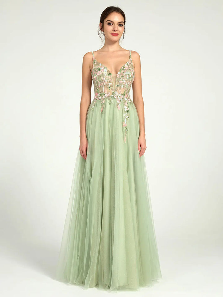 Beaded Floral A-Line Maxi Dress with Plunge Neck | Wedding, Prom & Formal Dress Carlyna Beaded Floral A-Line Maxi Dress with Plunge Neck | Wedding, Prom & Formal Dress Carlyna