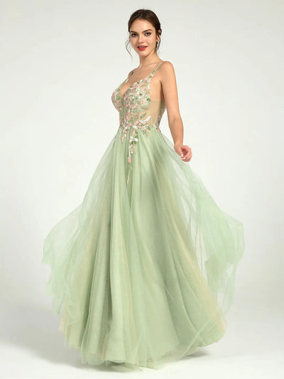 Carlyna Carlyna Beaded Floral A-Line Maxi Dress with Plunge Neck and Open Back