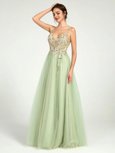 Carlyna Carlyna Carlyna Beaded Floral A-Line Maxi Dress with Plunge Neck and Open Back