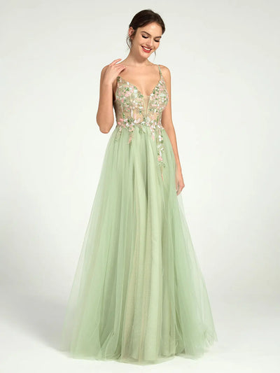 Carlyna Carlyna Carlyna Carlyna Beaded Floral A-Line Maxi Dress with Plunge Neck and Open Back