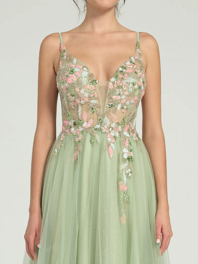 Carlyna Carlyna Carlyna Carlyna Carlyna Carlyna Carlyna Beaded Floral A-Line Maxi Dress with Plunge Neck and Open Back