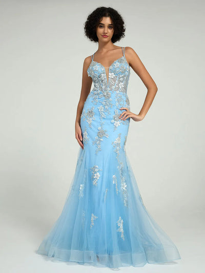 Carlyna Beaded Floral Lace Mermaid Prom Dress with Open Back