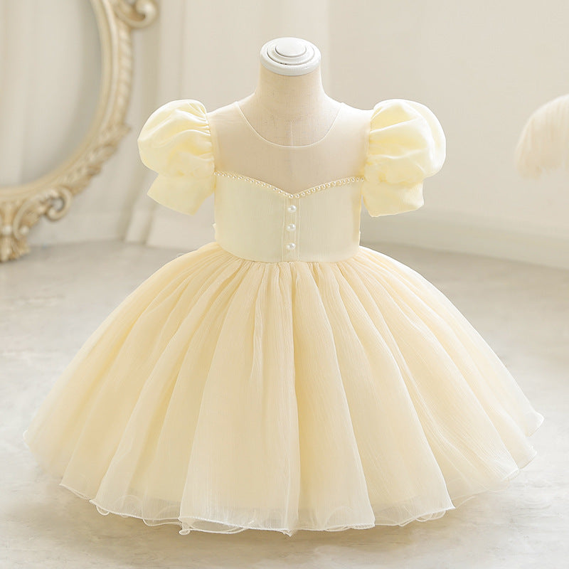 A-Line Beaded Satin Tea Length Flower Girl Dress with Puff Sleeves – Children's Party & Special Occasion Wear