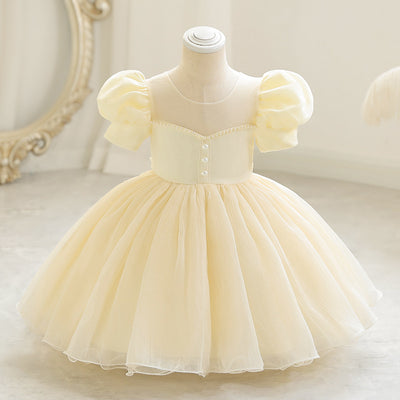 A-Line Beaded Satin Tea Length Flower Girl Dress with Puff Sleeves – Children's Party & Special Occasion Wear