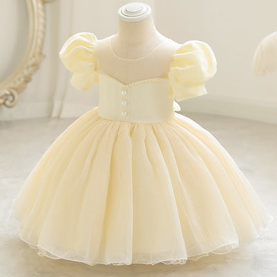 A-Line Beaded Satin Tea Length Flower Girl Dress with Puff Sleeves – Children's Party & Special Occasion Wear