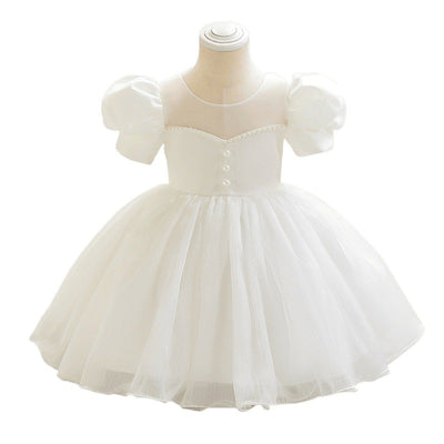 A-Line Beaded Satin Tea Length Flower Girl Dress with Puff Sleeves – Children's Party & Special Occasion Wear