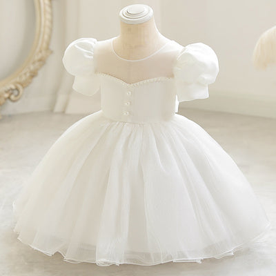 A-Line Beaded Satin Tea Length Flower Girl Dress with Puff Sleeves – Children's Party & Special Occasion Wear