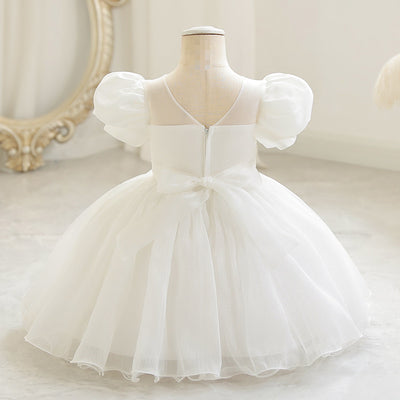 A-Line Beaded Satin Tea Length Flower Girl Dress with Puff Sleeves – Children's Party & Special Occasion Wear